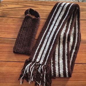 Brown and White Striped Crochet Scarf and Water Bottle Holder Set